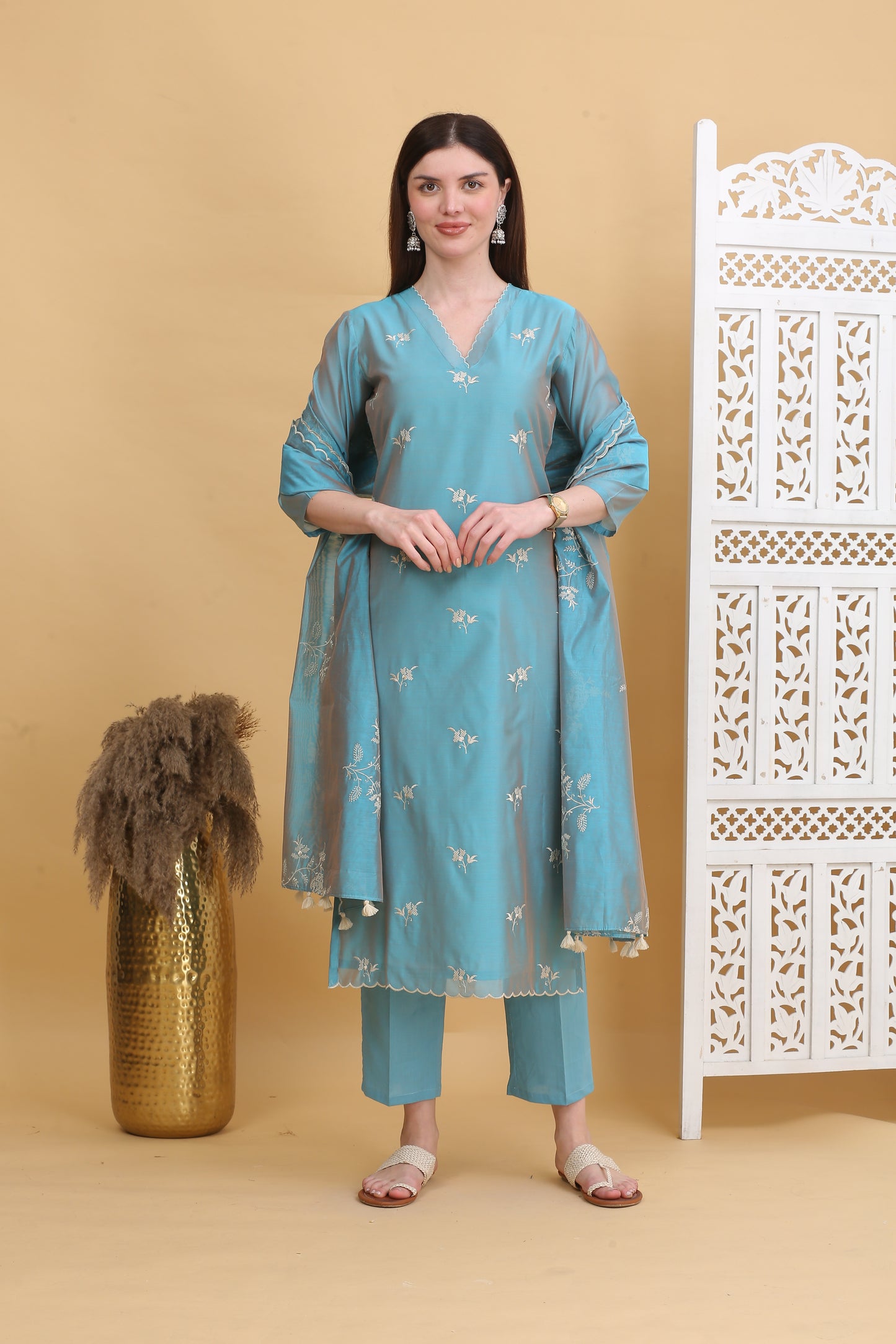 Embroidered Chanderi Readymade Suit