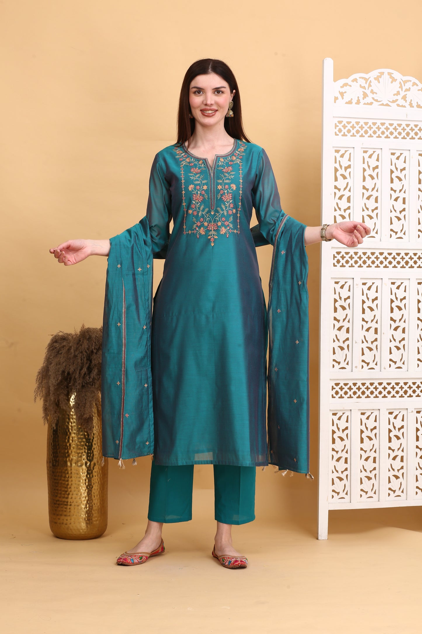 Embroidered Chanderi Readymade Suit