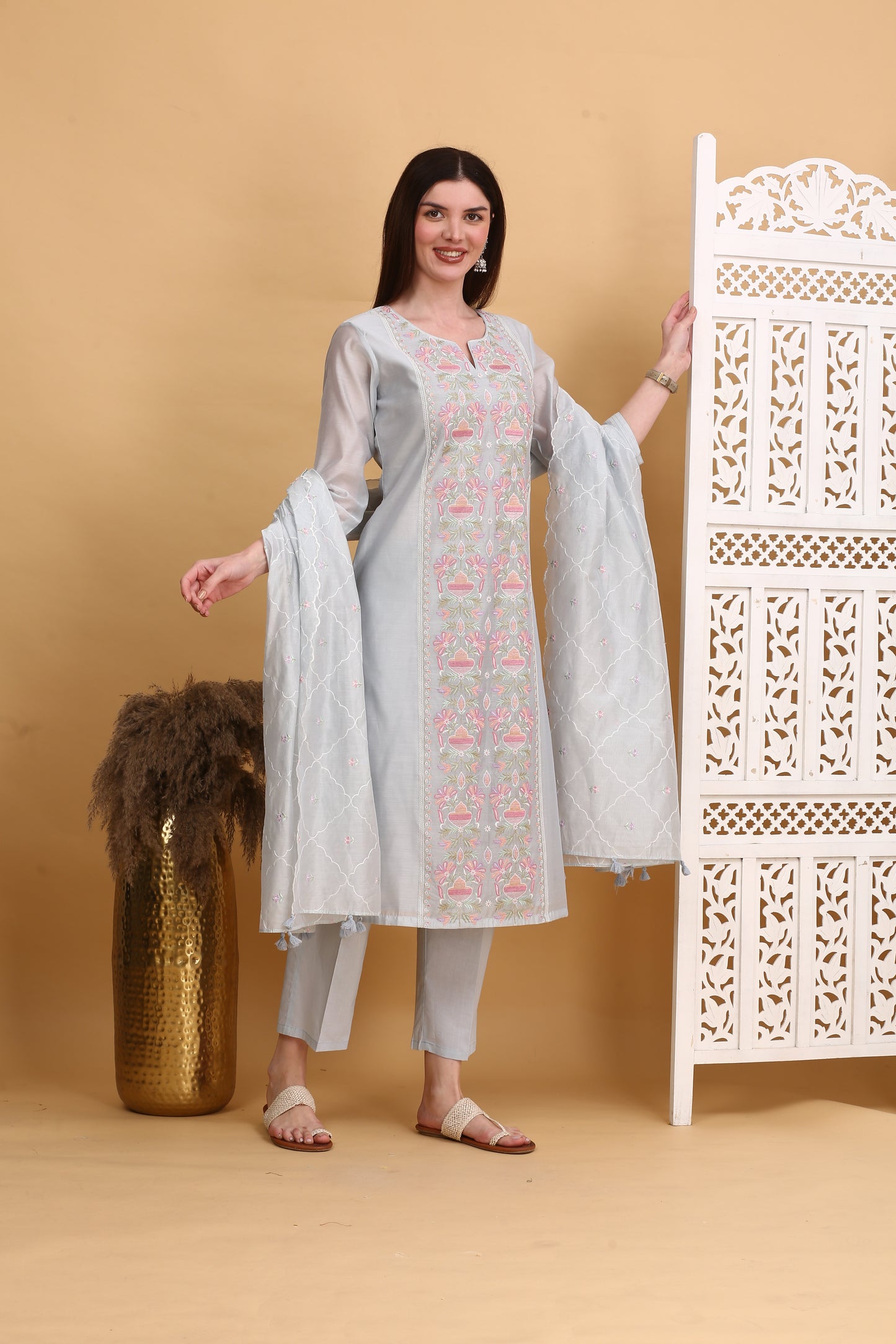 Embroidered Chanderi Readymade Suit